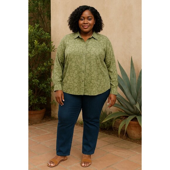 C.J. Banks Plus Size 1X Top Green Floral Corduroy Button-Up Long Sleeve Collared - Picture 11 of 11